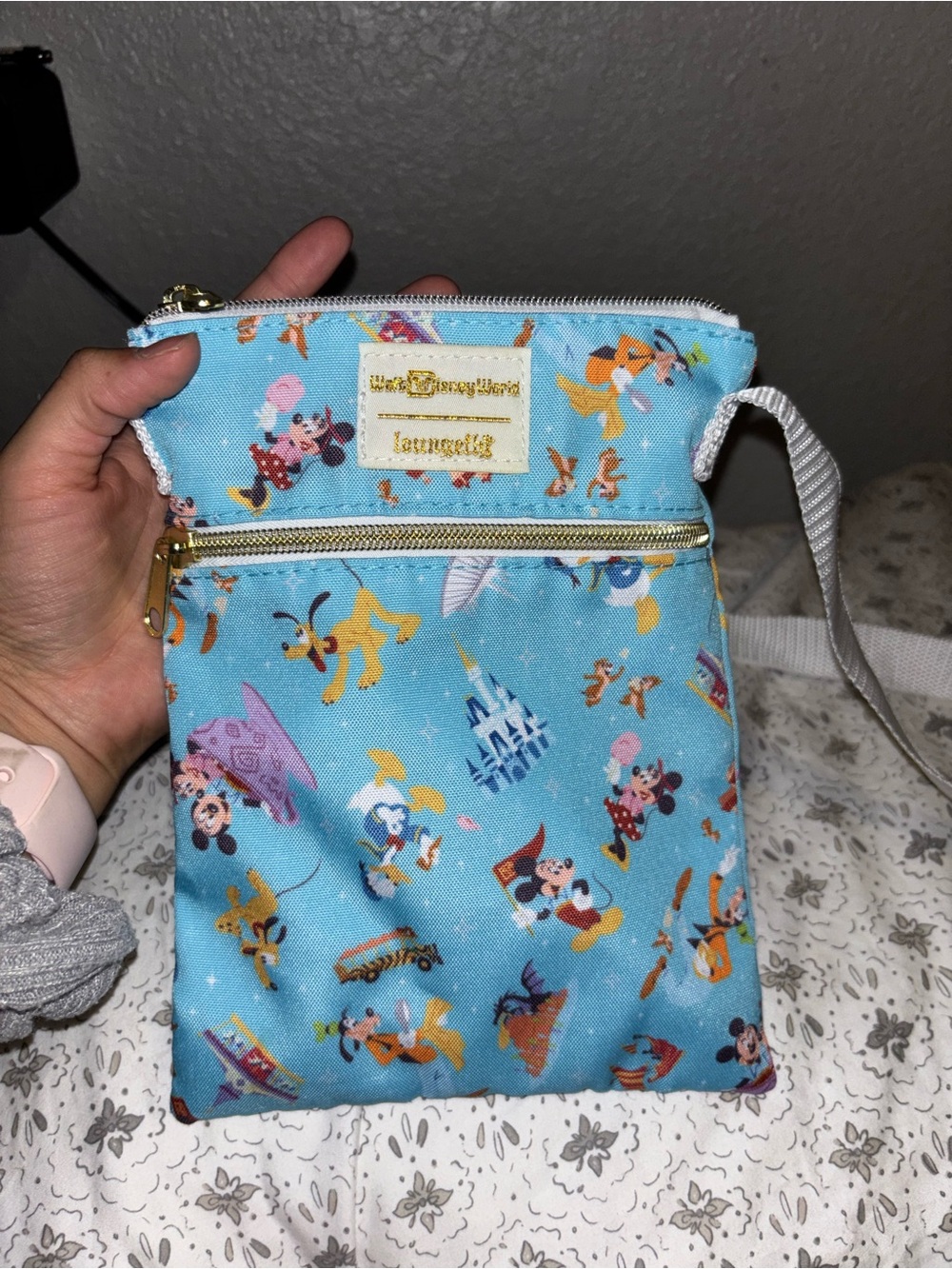 Loungefly Blue Disney 50th  Character Crossbody Pouch with Gold Accents